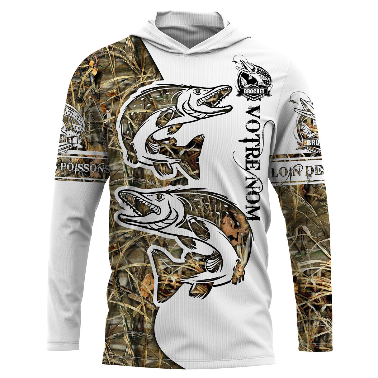 Maillot UV à capuche pêche brochet personnalisable bicolore blanc camouflage tatouage prénom personnalisé, vue de face
