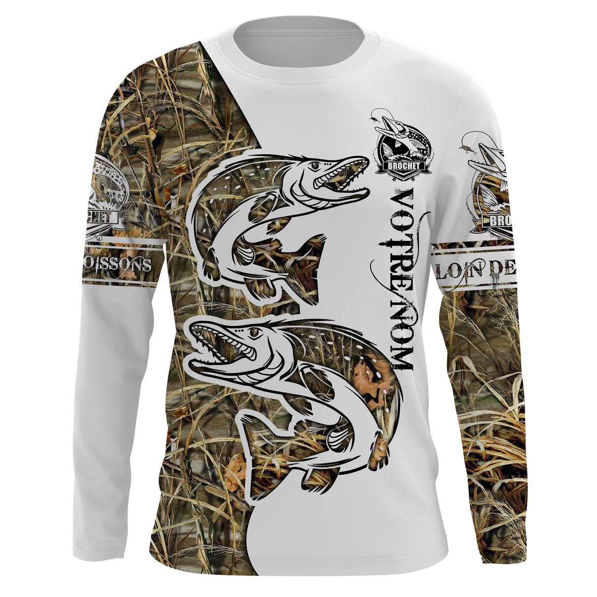 Maillot UV manches longues pêche brochet personnalisable bicolore blanc camouflage tatouage prénom