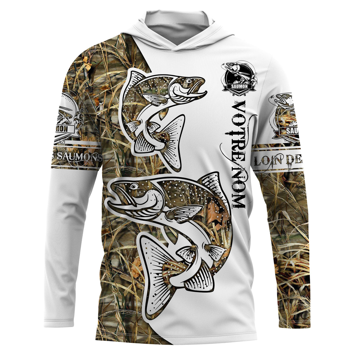 Sweat UV à capuche pêche saumon humour Près des poissons loin des cons bicolore camouflage prénom
