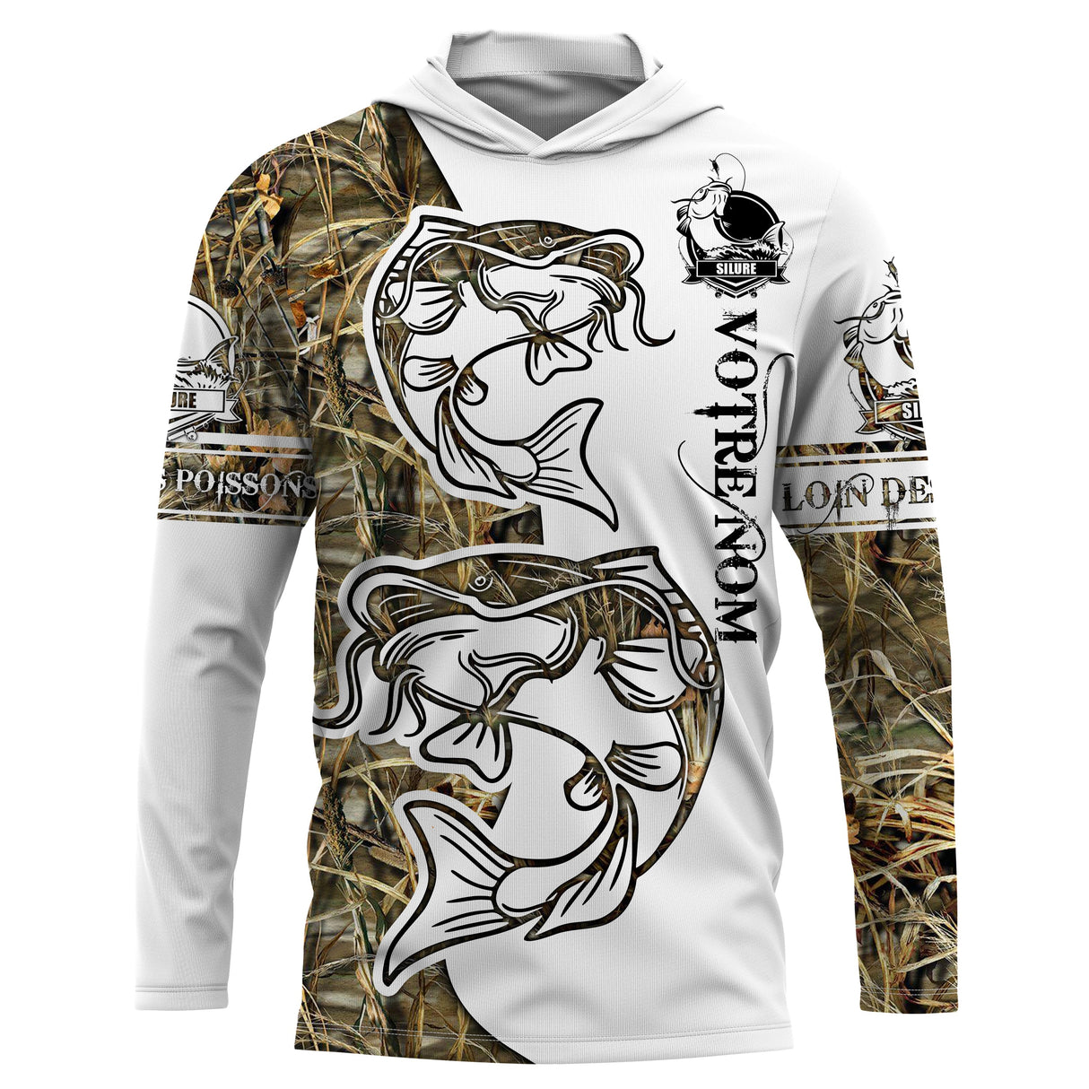 Sweat UV à capuche pêche silure humour Près des poissons loin des cons bicolore camouflage prénom