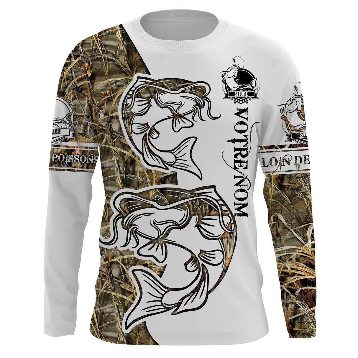 Maillot UV manches longues pêche silure humour bicolore blanc camouflage prénom personnalisé