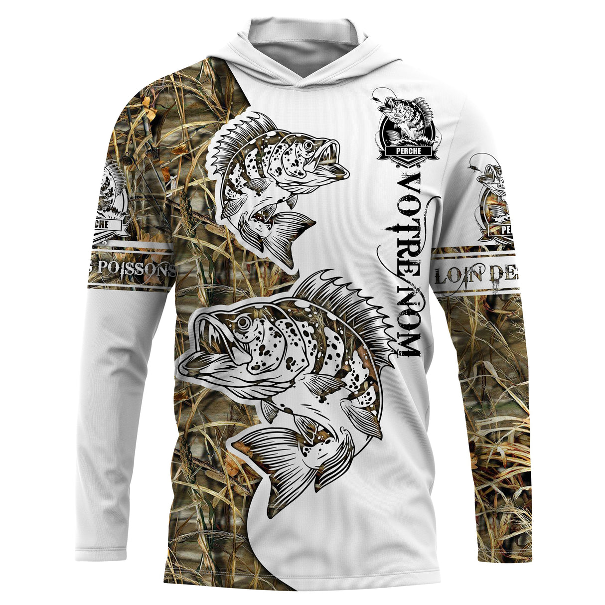 Sweat UV à capuche pêche perche performant attrape poissons tatouage bicolore camouflage prénom