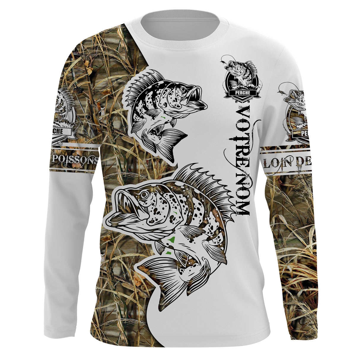 Maillot UV manches longues pêche perche performant attrape poissons tatouage bicolore camouflage prénom personnalisé