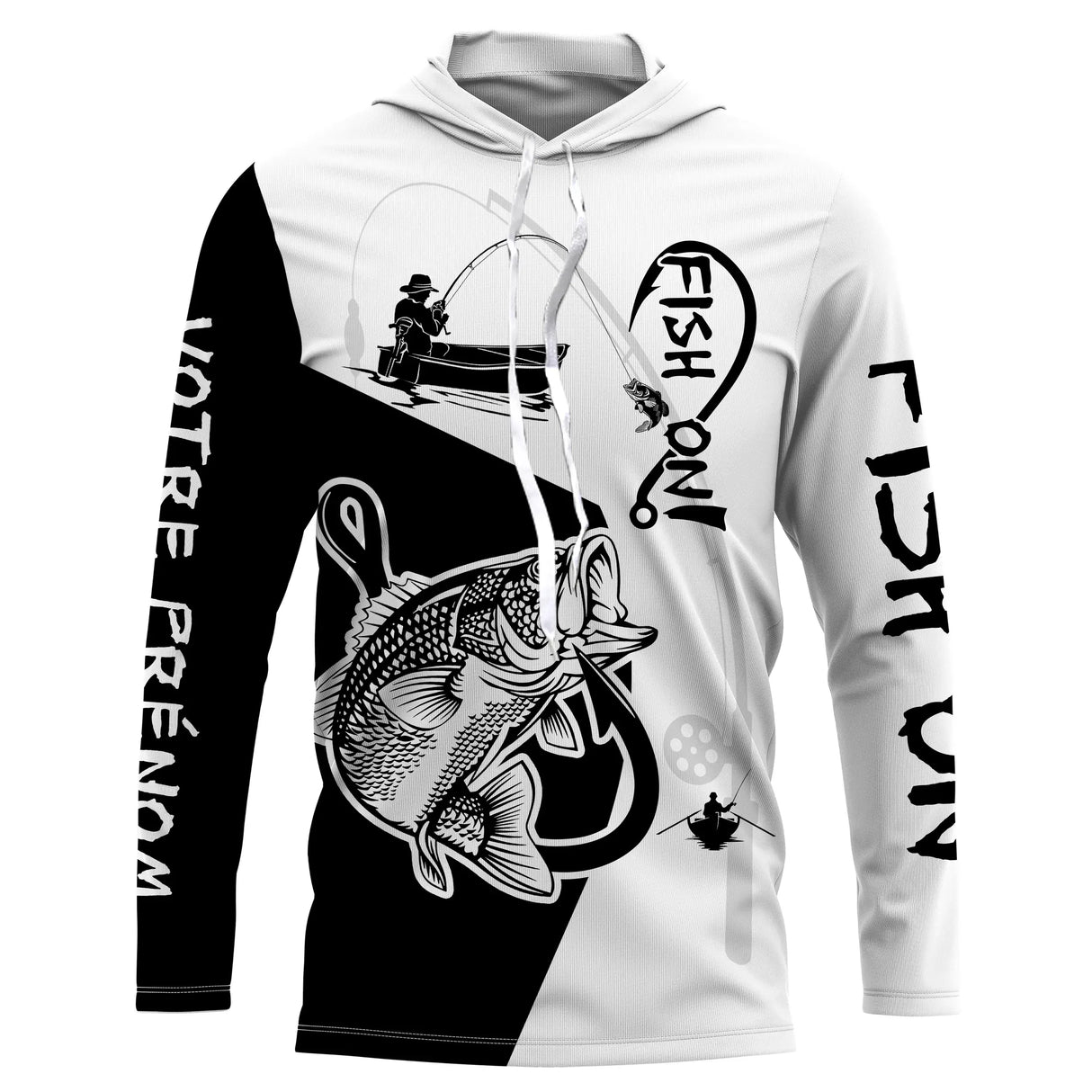 T-shirt anti-UV capuche pêche bar Fish On bicolore noir blanc avec bar imposant et hameçon stylisé