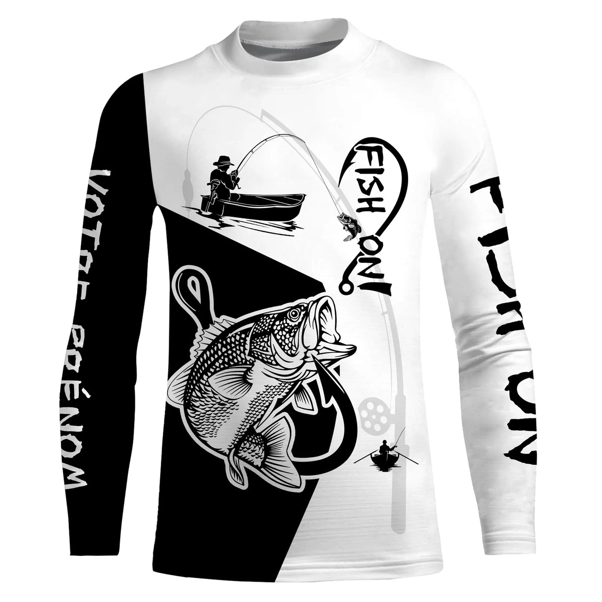 Sweat capuche all-over pêche bar Fish On noir blanc avec bar et hameçon