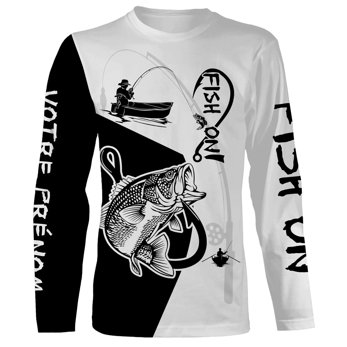 T-shirt manches longues pêche bar Fish On bicolore noir blanc lettrage manche