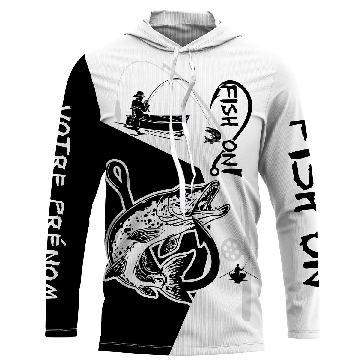 T-shirt anti-UV capuche pêche brochet Fish On bicolore noir blanc avec brochet imposant et hameçon stylisé