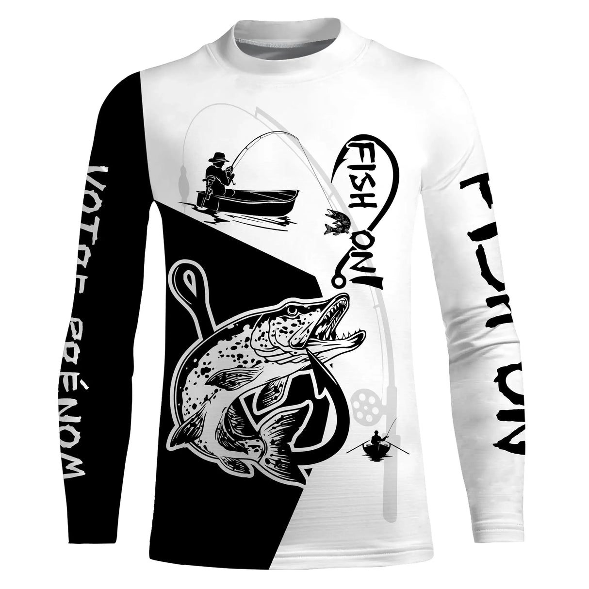 Sweat capuche all-over pêche brochet Fish On noir blanc avec brochet et hameçon