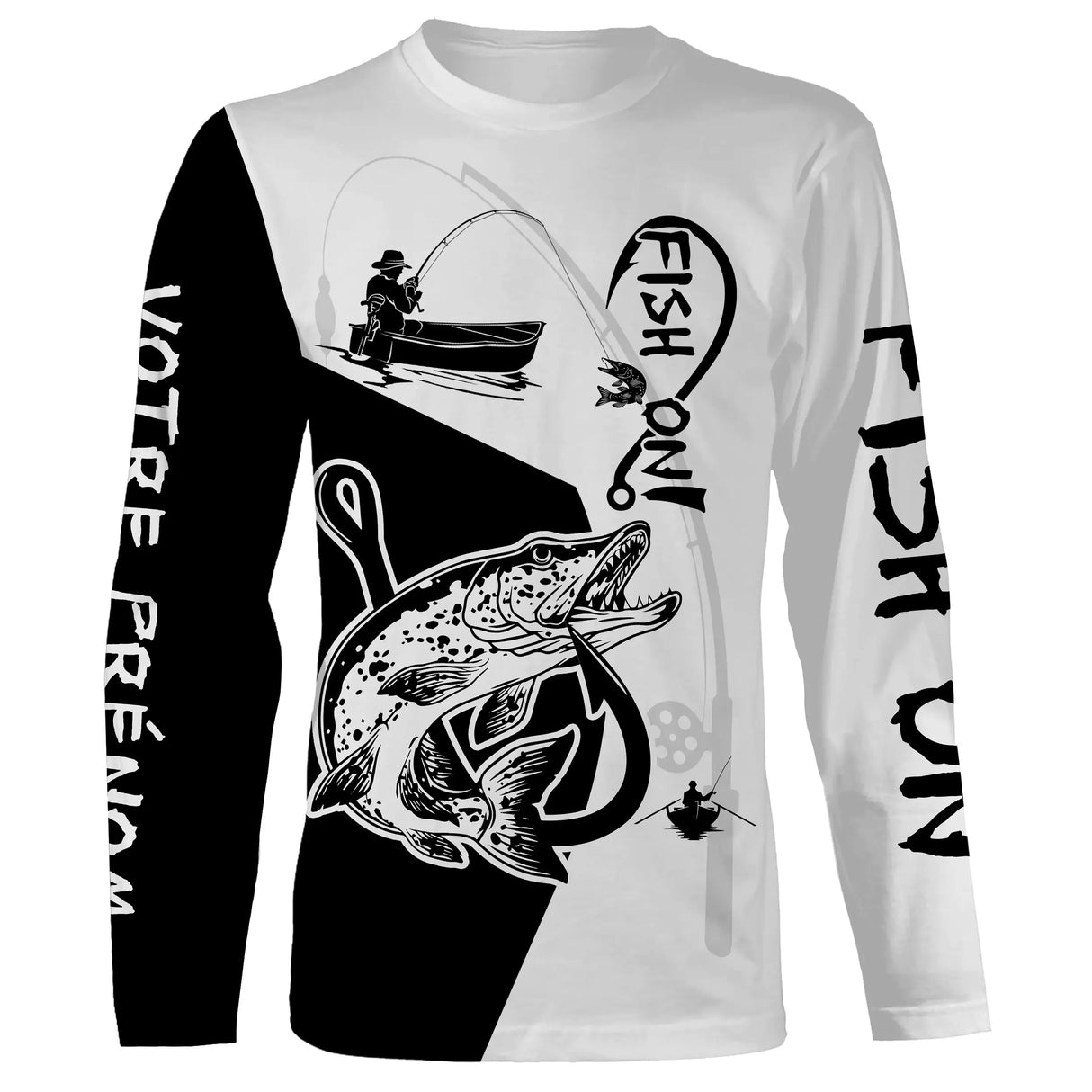 T-shirt manches longues pêche brochet Fish On bicolore noir blanc lettrage manche