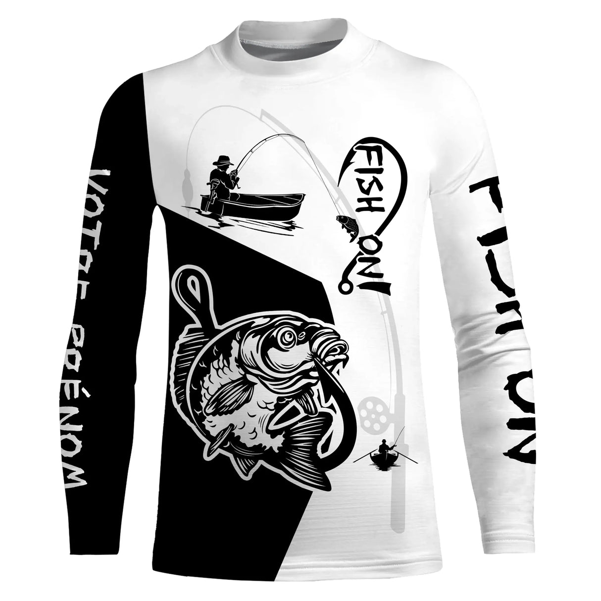 Sweat capuche all-over pêche carpe Fish On noir blanc avec carpe et hameçon