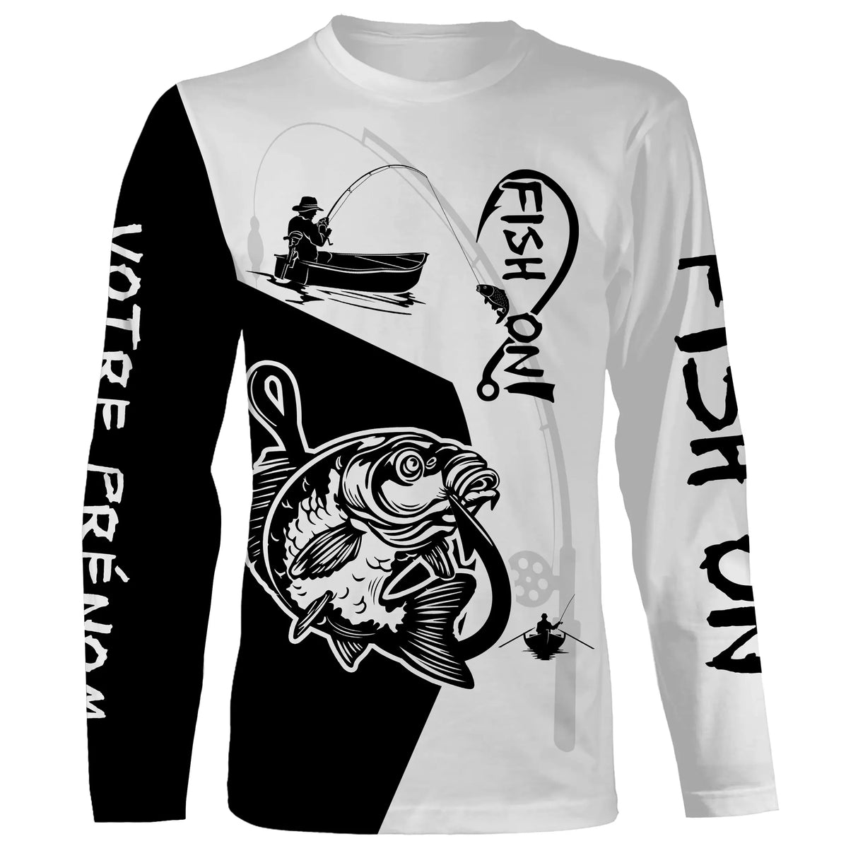 T-shirt manches longues pêche carpe Fish On bicolore noir blanc lettrage manche