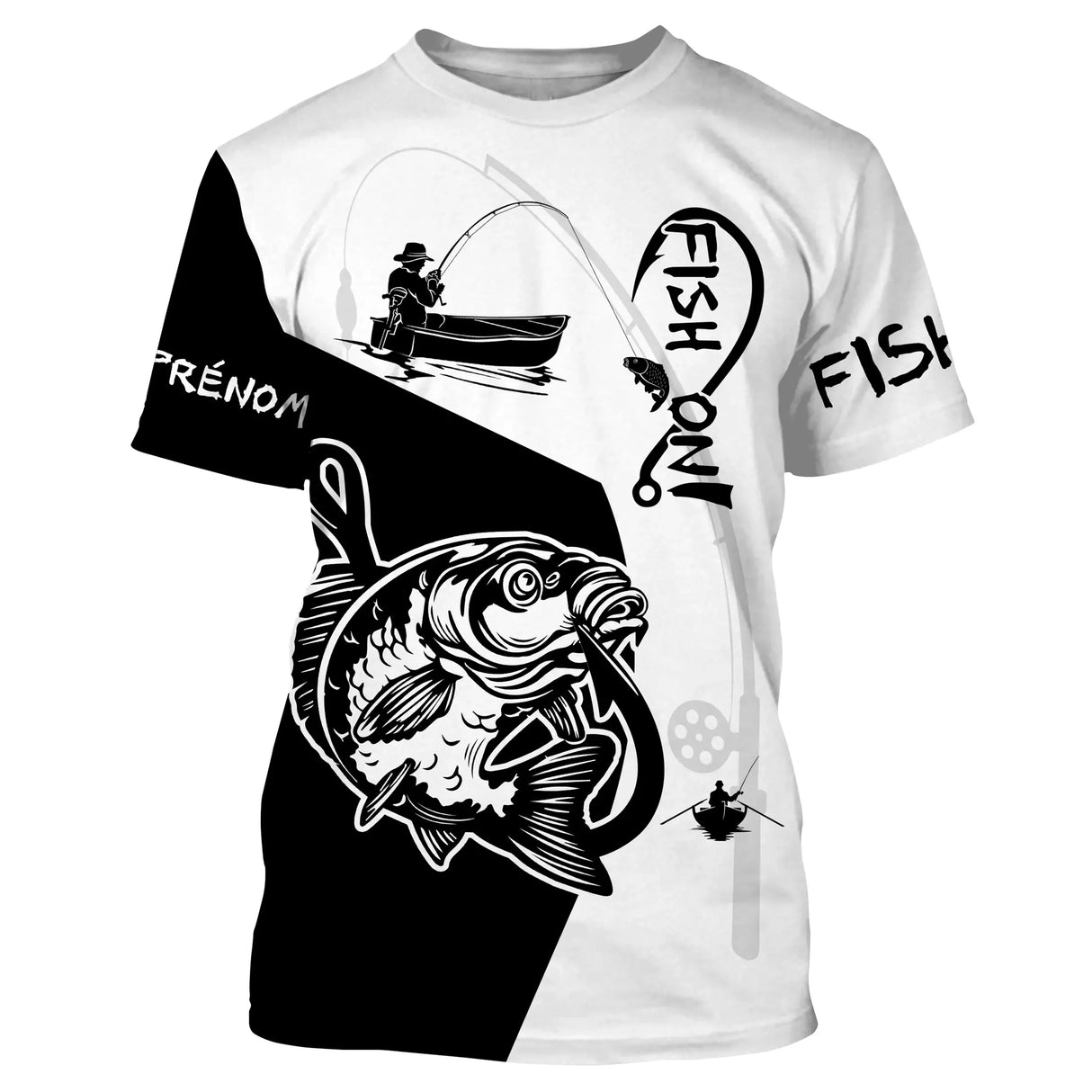T-shirt all-over col rond pêche carpe Fish On noir blanc avec hameçon graphique