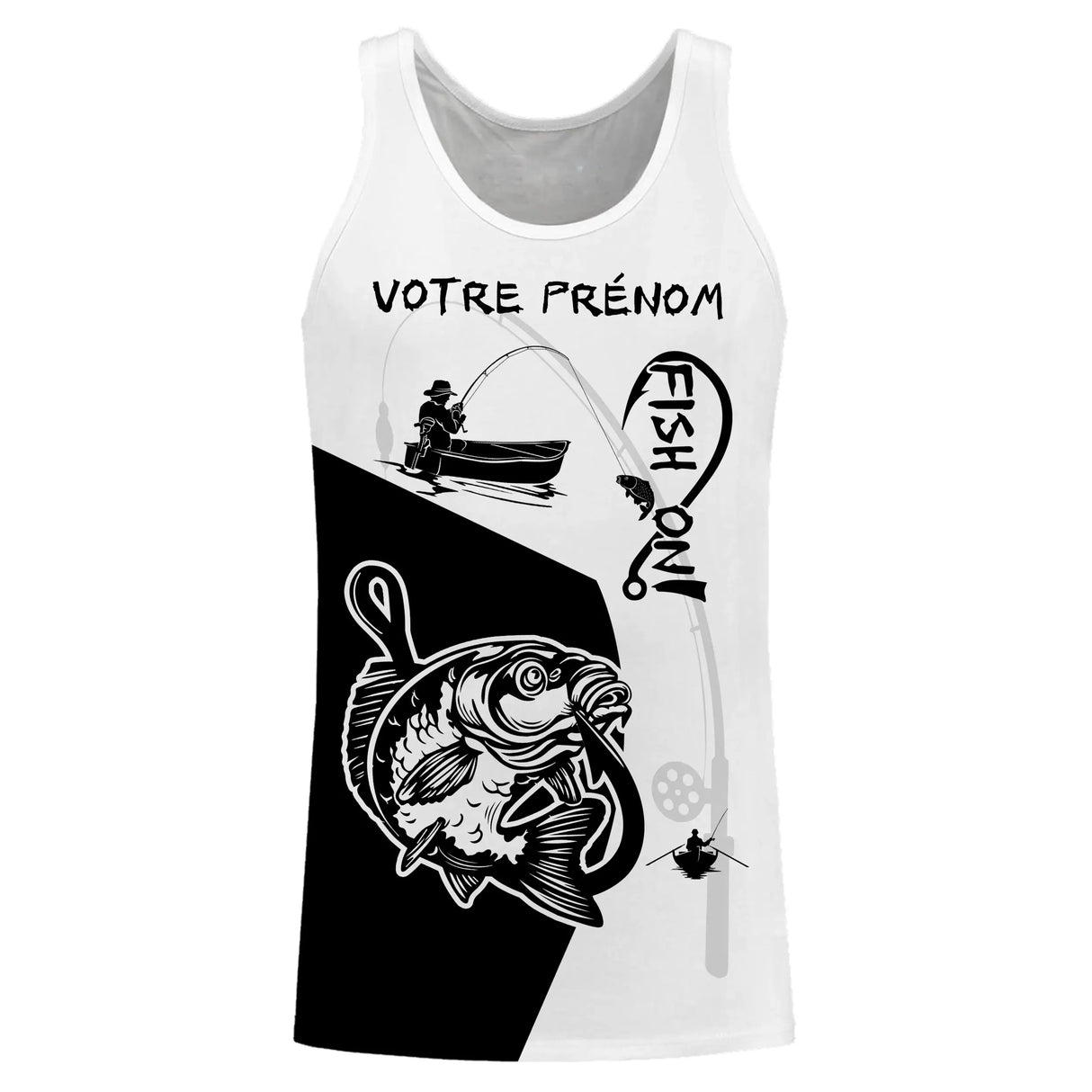 Sweat zippé all-over pêche carpe Fish On noir blanc pour carpistes passionnés