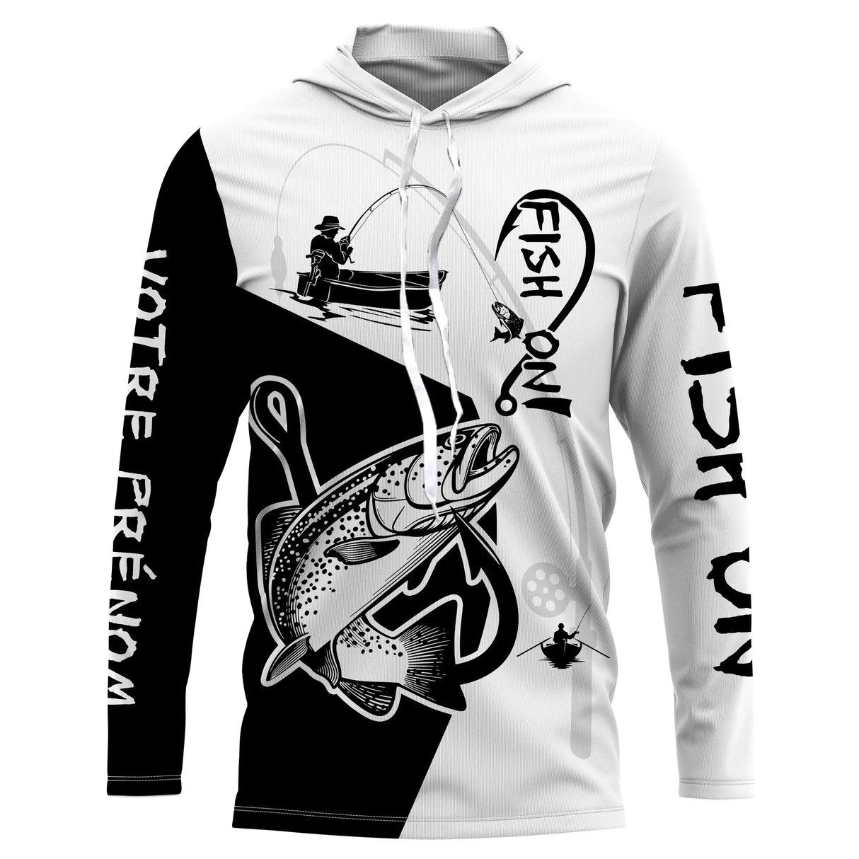 T-shirt anti-UV capuche pêche truite Fish On bicolore noir blanc avec truite fario en mouvement et hameçon stylisé