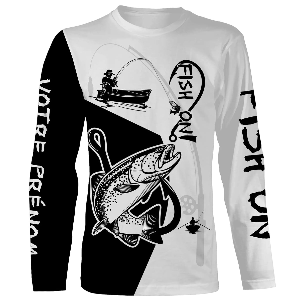 T-shirt manches longues pêche truite Fish On bicolore noir blanc lettrage manche