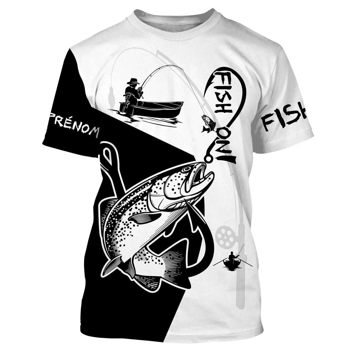 T-shirt all-over col rond pêche truite Fish On noir blanc avec hameçon graphique