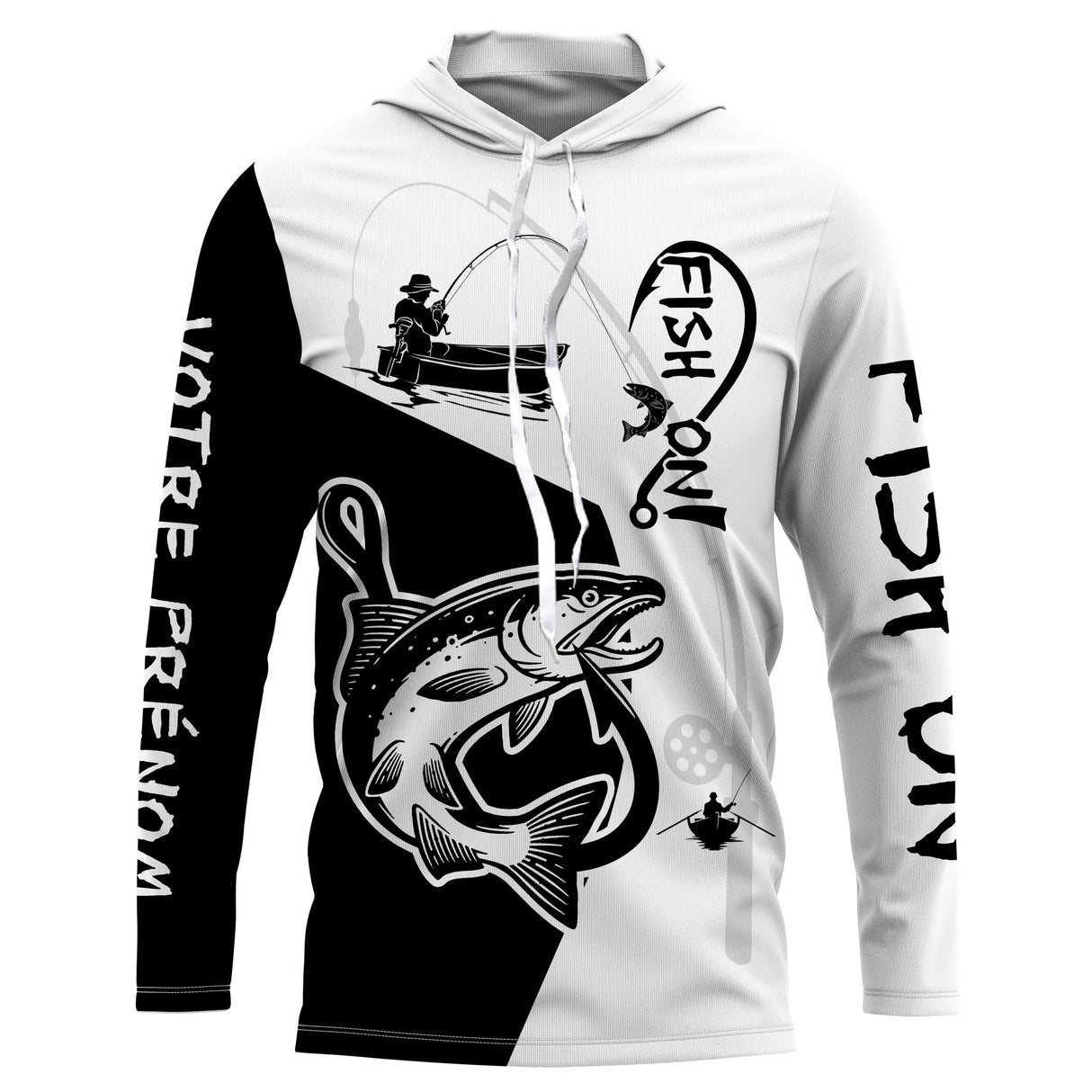 T-shirt anti-UV capuche pêche saumon Fish On bicolore noir blanc avec saumon argenté et hameçon stylisé
