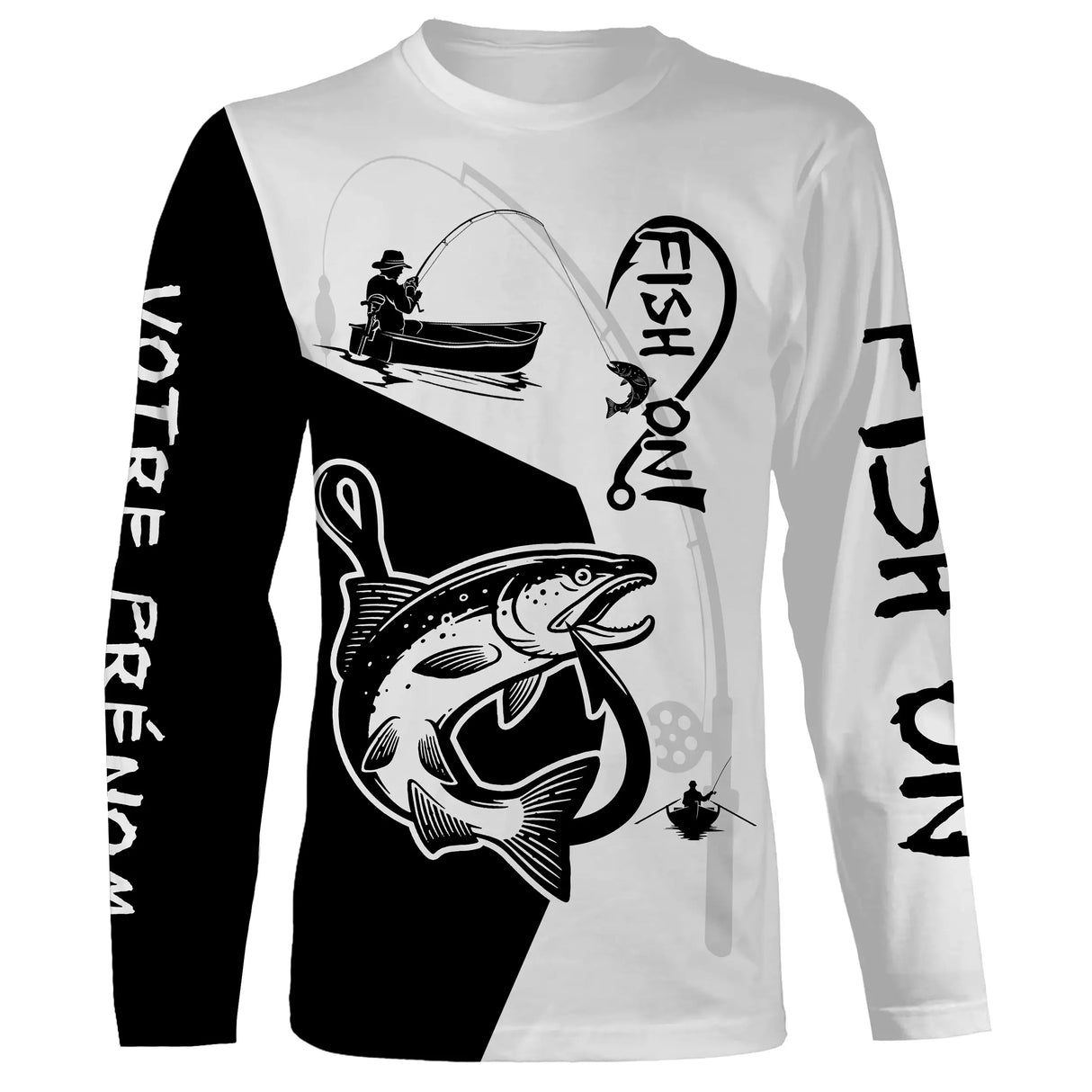 T-shirt manches longues pêche saumon Fish On bicolore noir blanc lettrage manche