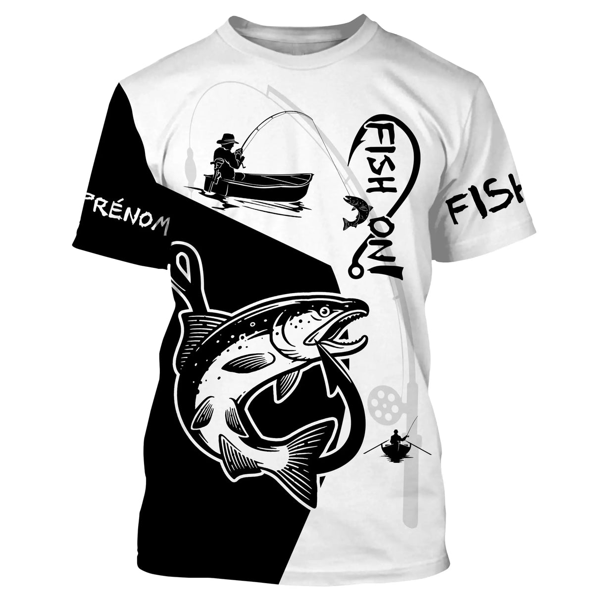 T-shirt all-over col rond pêche saumon Fish On noir blanc avec hameçon graphique