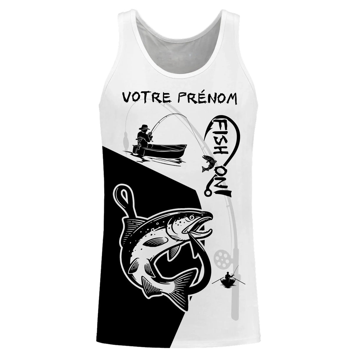 Sweat zippé all-over pêche saumon Fish On noir blanc pour pêcheurs salmonidés