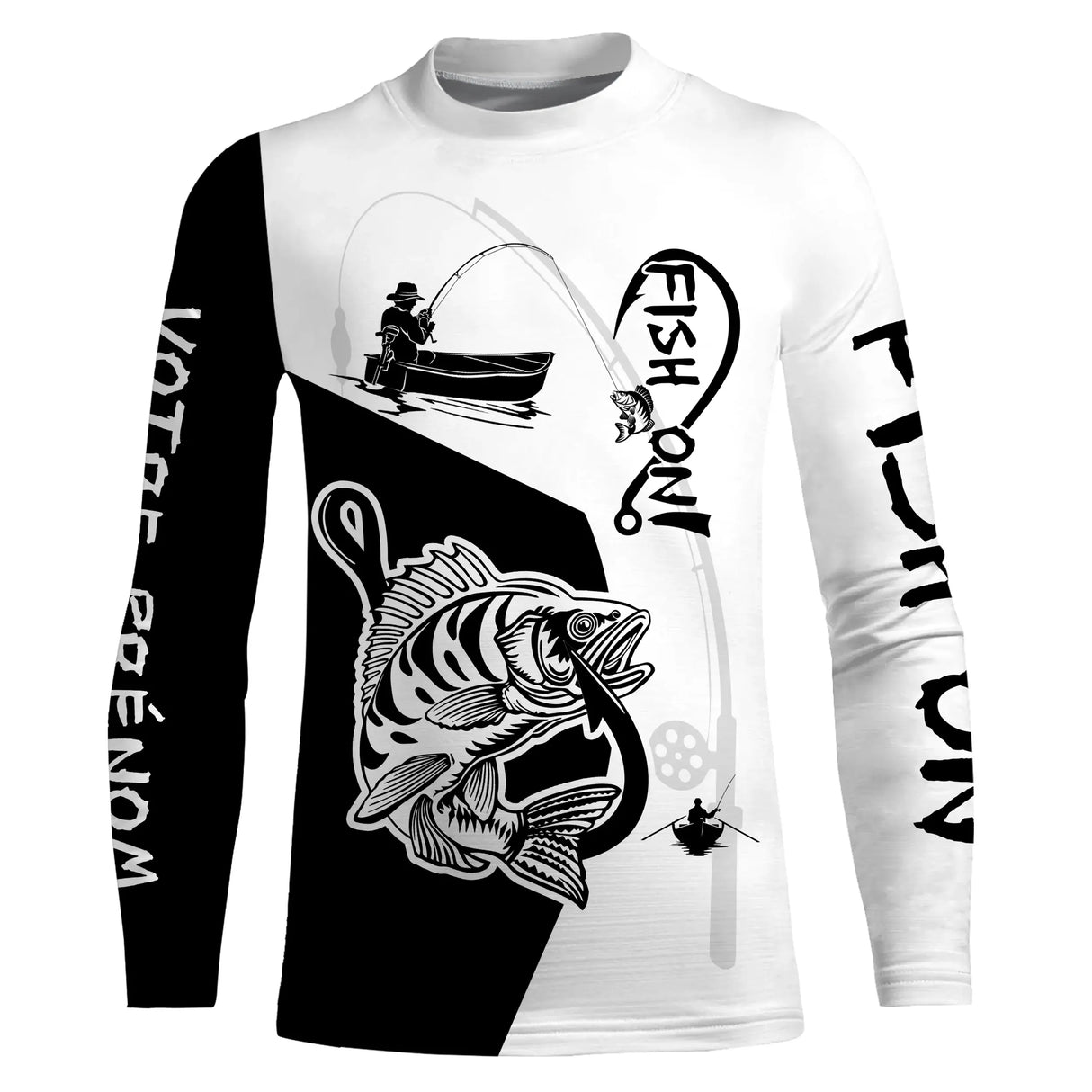 Sweat capuche all-over pêche perche Fish On noir blanc avec perche et hameçon