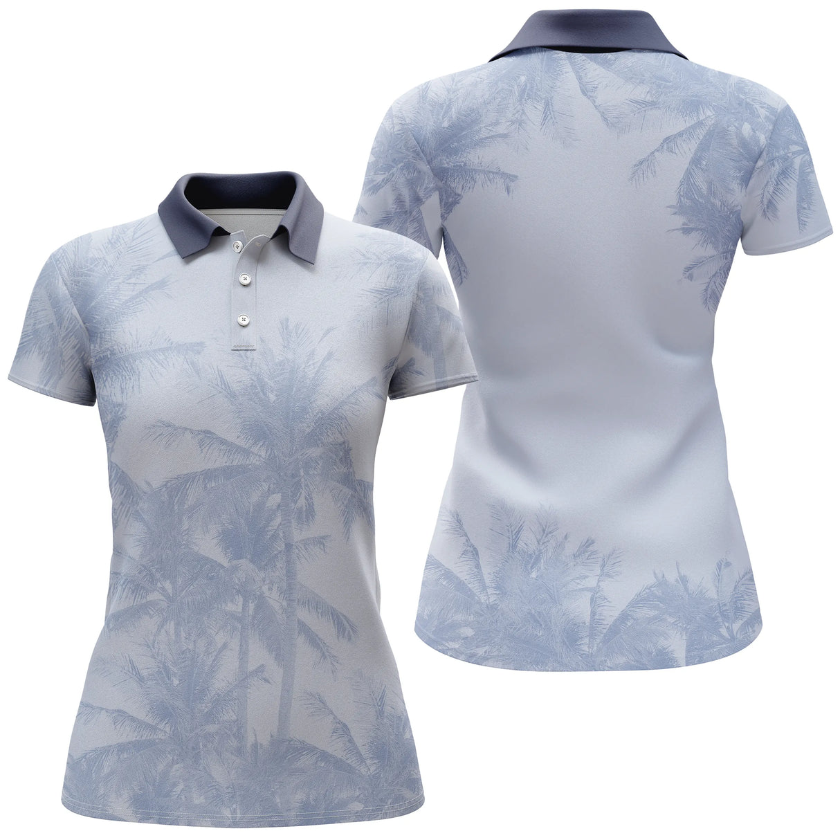Polo golf femme bleu ciel imprimé palmiers tropicaux coupe cintrée vue dos personnalisable