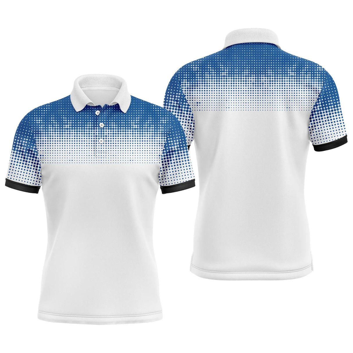 Polo golf homme blanc dégradé pixel bleu mosaïque coupe ajustée vue avant