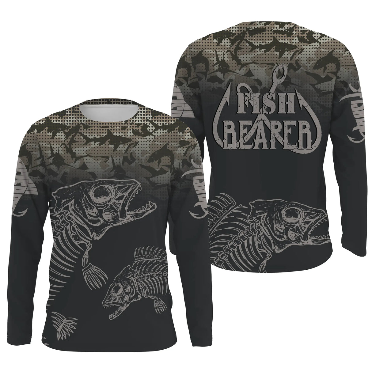 Tee-shirt pêche all-over arête poisson camouflage gris noir motif dark vue dos