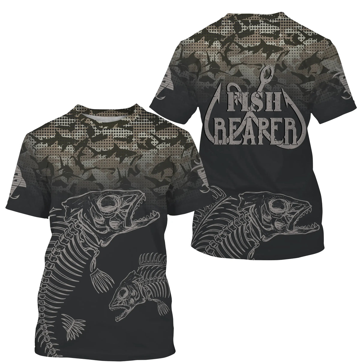 Polo pêche unisexe camouflage gris squelette poisson Fish Reaper vue côté