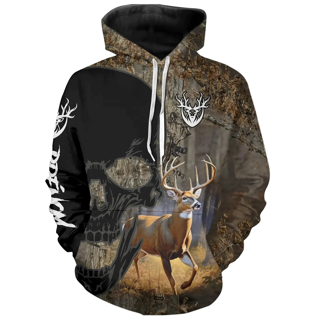 T-shirt all-over camouflage unisexe avec cerf et crâne stylisé, collection sauvage automne, prénom personnalisé