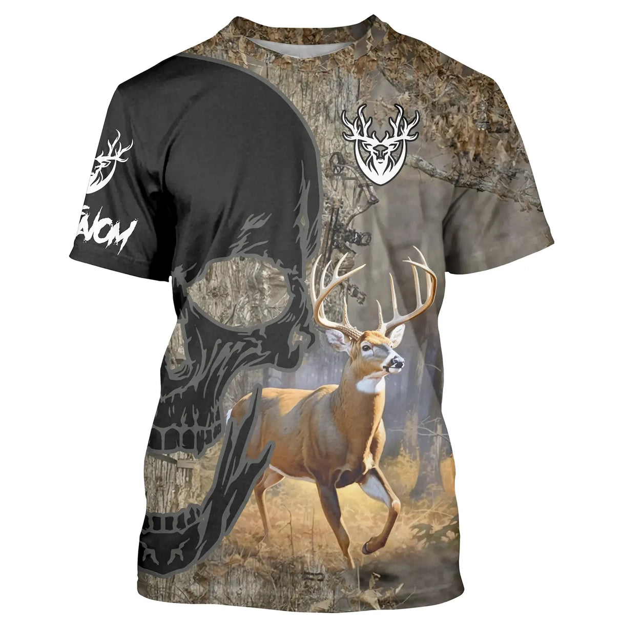 T-shirt all-over camouflage unisexe avec cerf et crâne stylisé, collection sauvage automne, prénom personnalisé