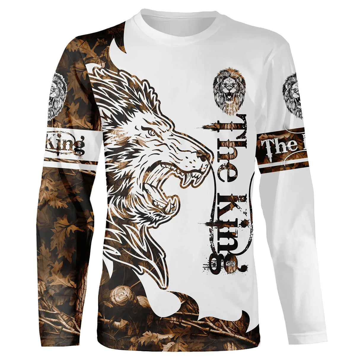 T-shirt all-over blanc et marron unisexe avec lion royal couronné et inscription The King royauté faune