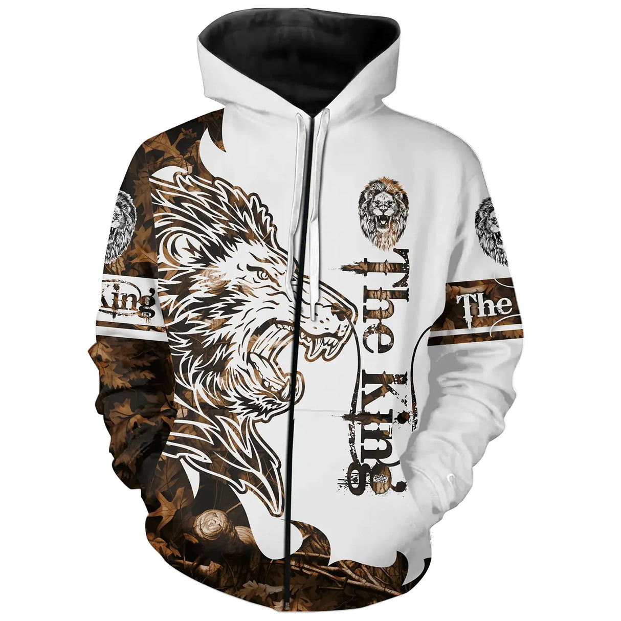T-shirt all-over blanc et marron unisexe avec lion royal couronné et inscription The King royauté faune