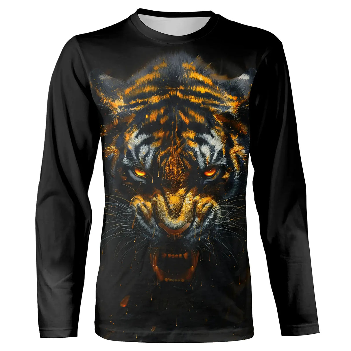 T-shirt all-over noir unisexe avec tigre d'or au regard intense, esprit du prédateur sauvage