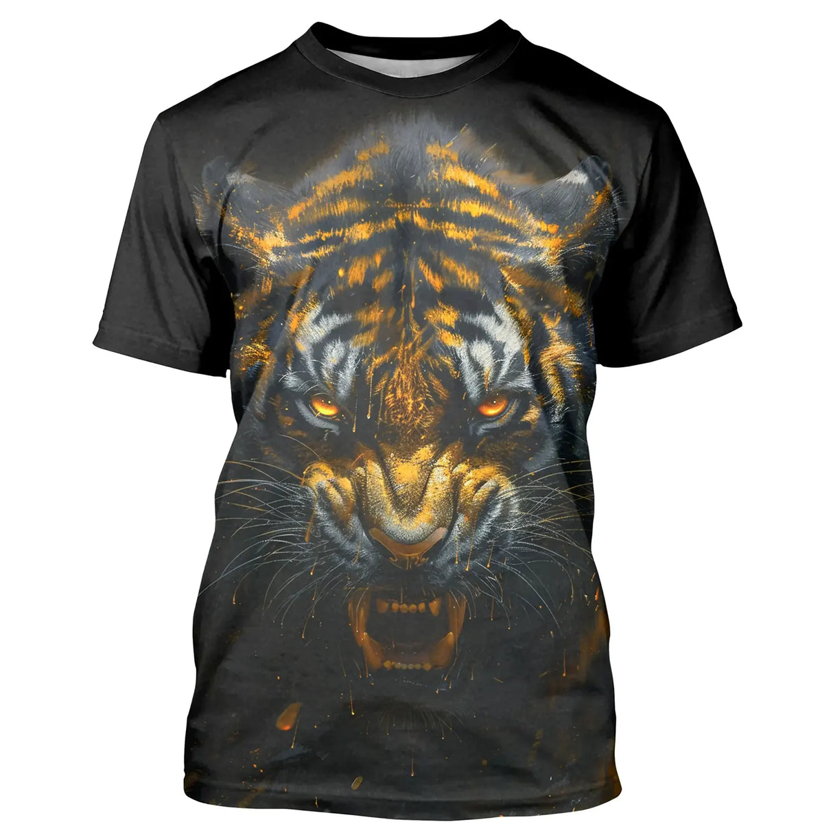 T-shirt all-over noir unisexe avec tigre d'or au regard intense, esprit du prédateur sauvage