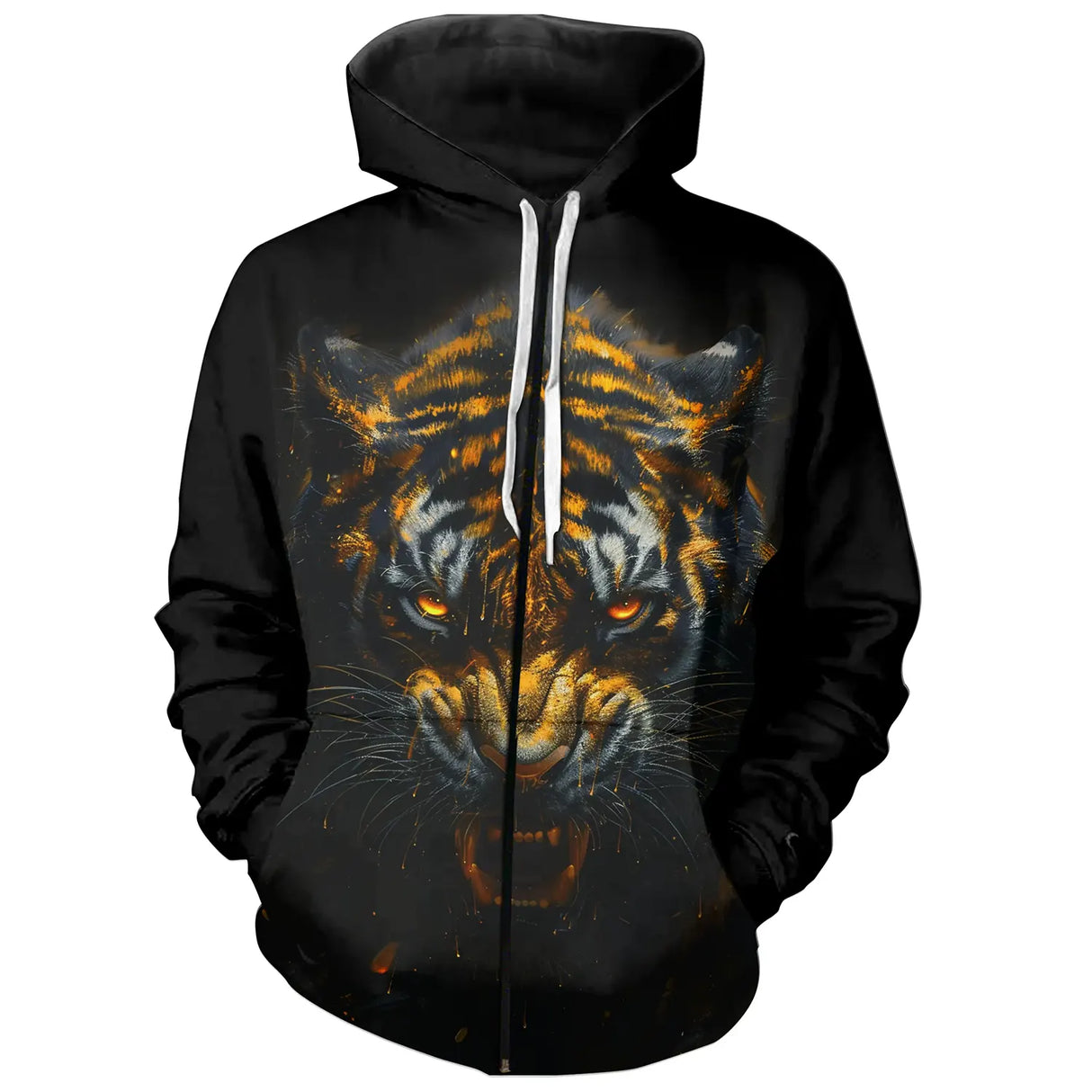 T-shirt all-over noir unisexe avec tigre d'or au regard intense, esprit du prédateur sauvage