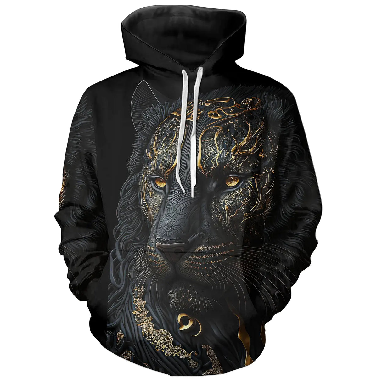 T-shirt all-over noir unisexe avec panthère d'or, art tribal et dorures élégantes esprit animal sauvage