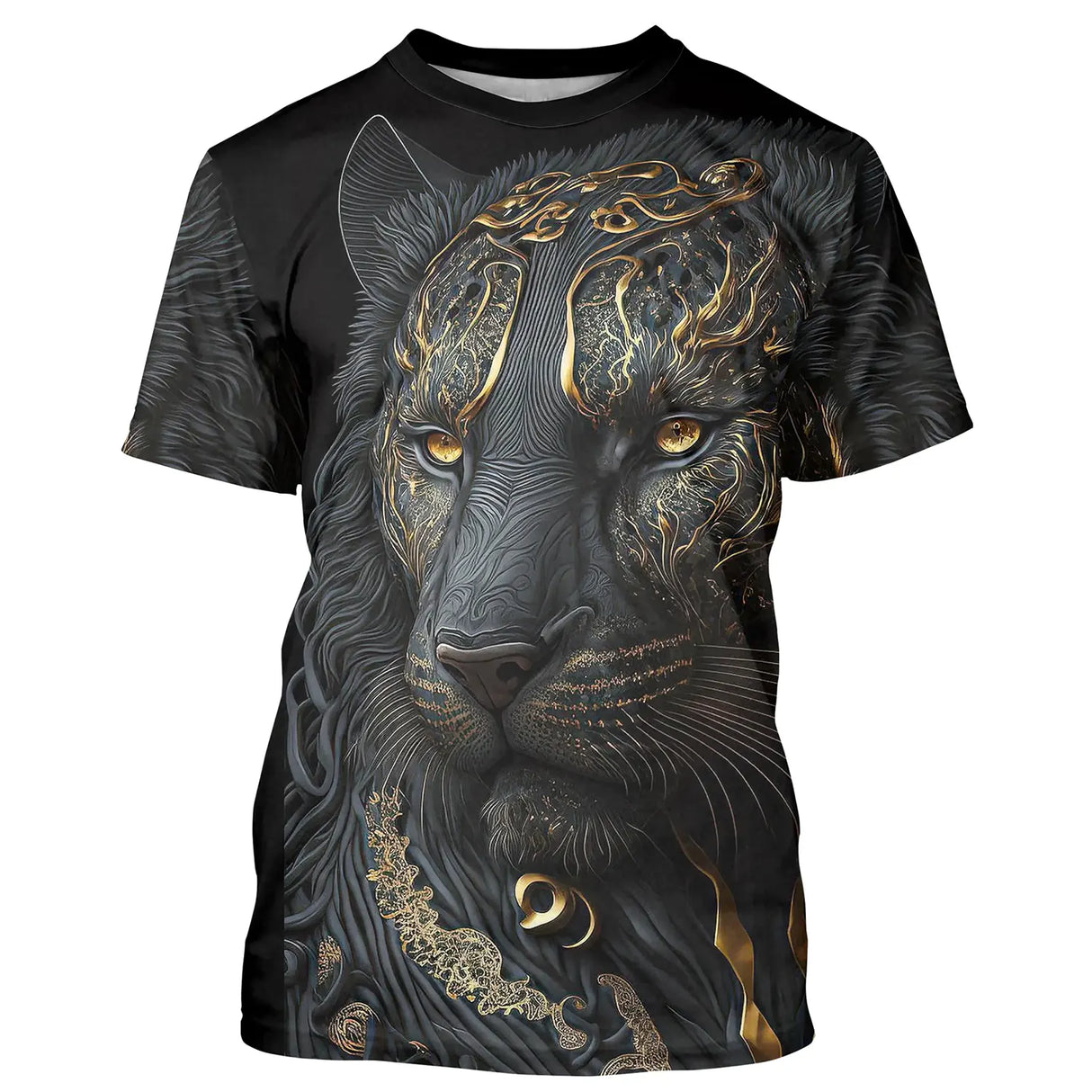 T-shirt all-over noir unisexe avec panthère d'or, art tribal et dorures élégantes esprit animal sauvage