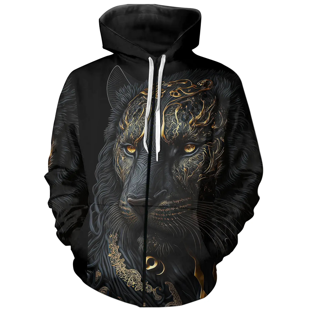 T-shirt all-over noir unisexe avec panthère d'or, art tribal et dorures élégantes esprit animal sauvage