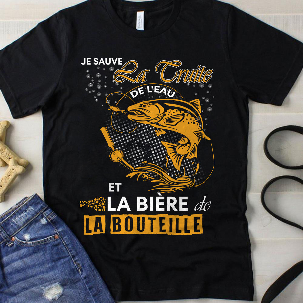 T-shirt noir humour pêche truite Je sauve la truite et la bière de la bouteille lettrage doré silhouette