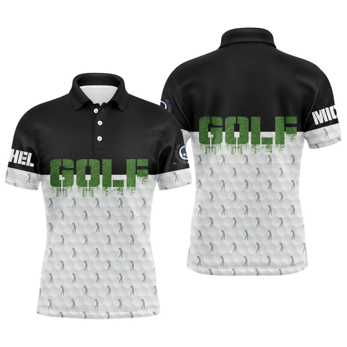 Polo golf homme femme noir blanc avec lettrage GOLF vert pomme et pattern balles de golf