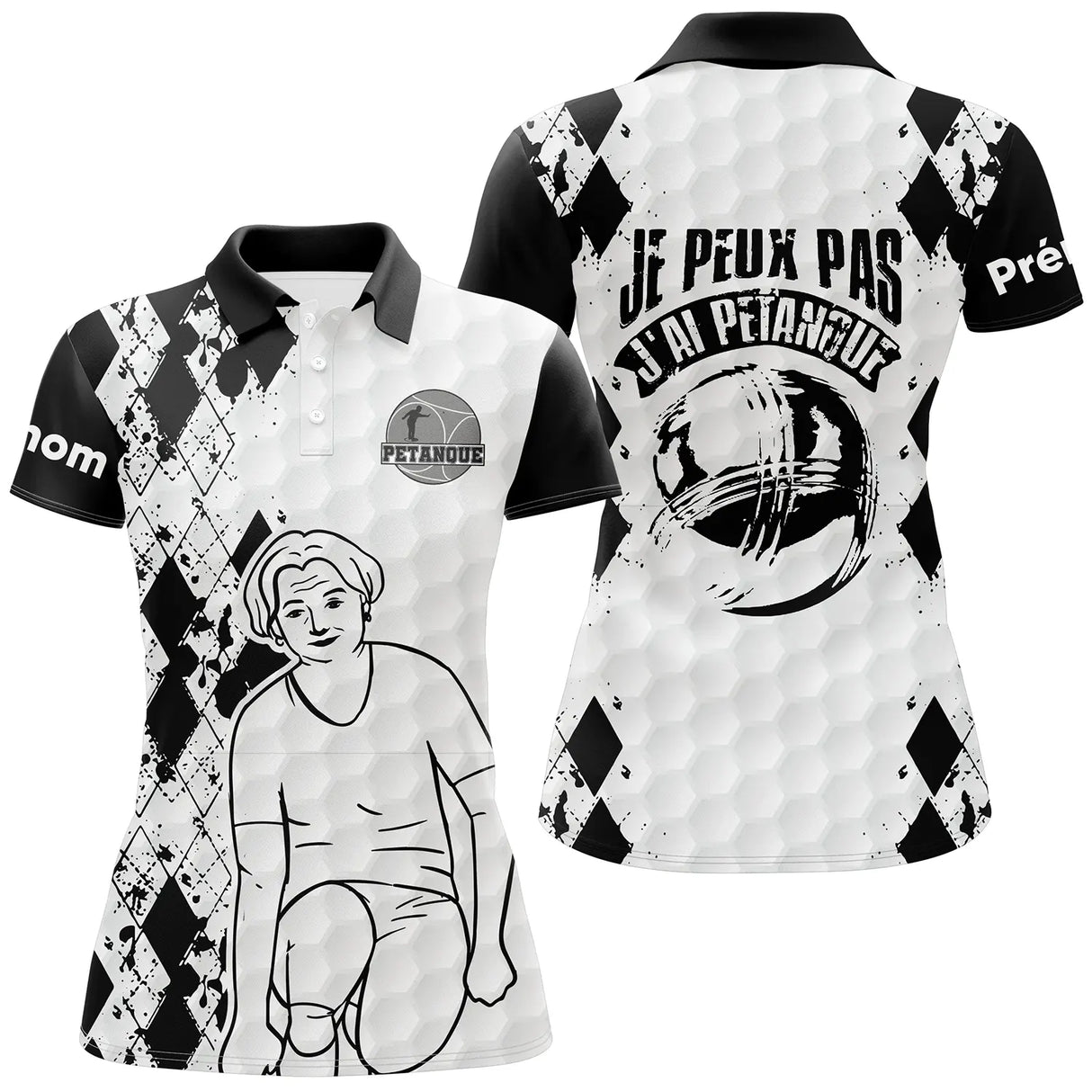 Polo pétanque humour damier noir blanc, design J'peux pas j'ai pétanque personnalisé bouliste
