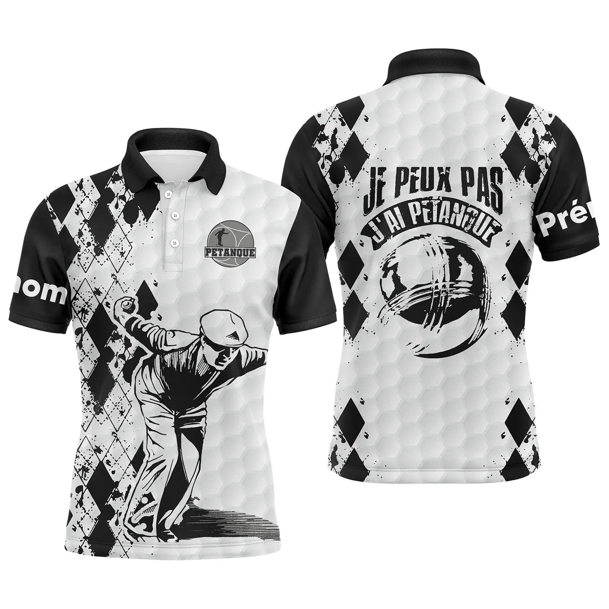 Polo pétanque blanc noir damier avec slogan J'peux pas j'ai pétanque et boule, joueur sur le côté, prénom imprimé