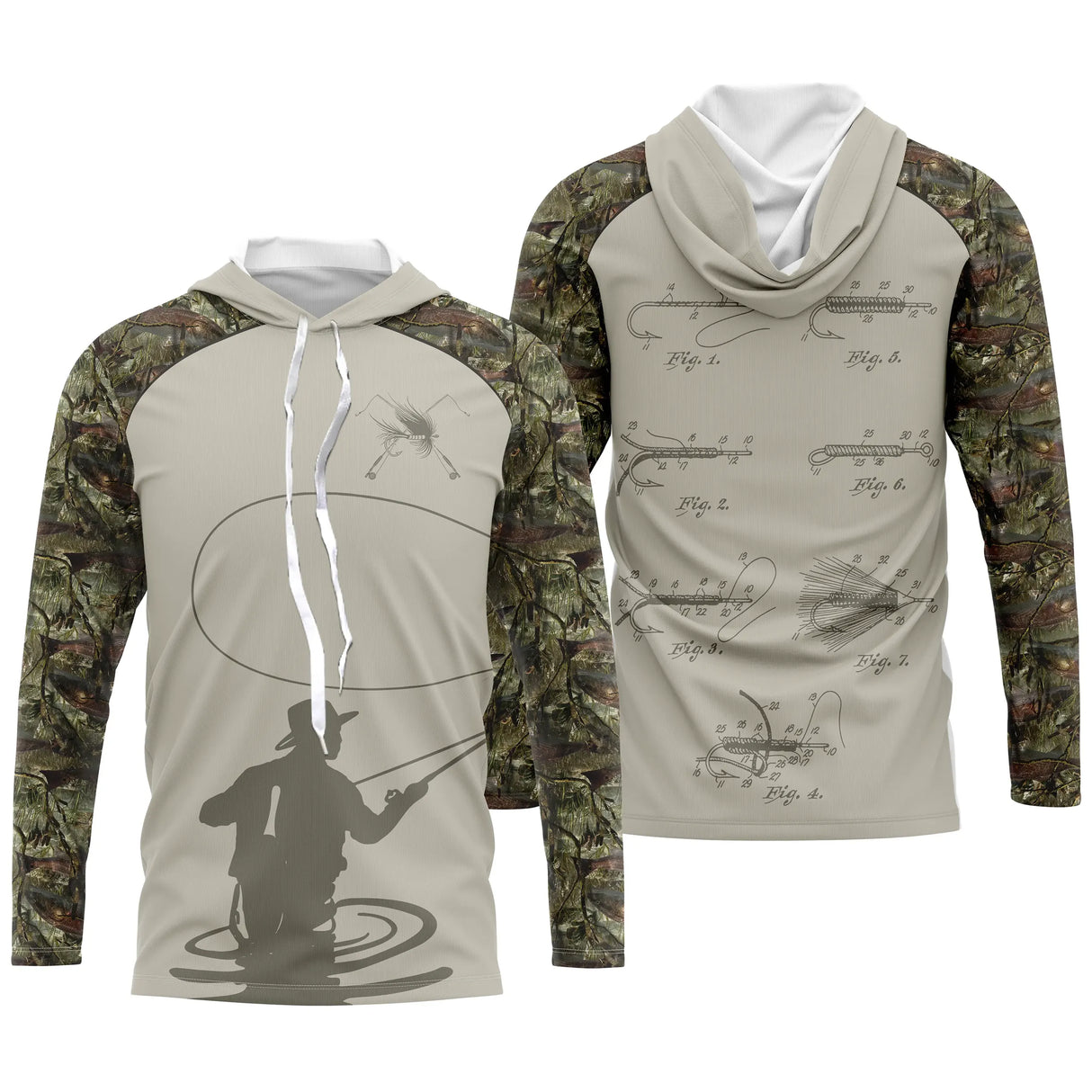 Sweat à capuche pêche mouche manches camouflage forêt corps gris silhouette pêcheur lançant vue avant
