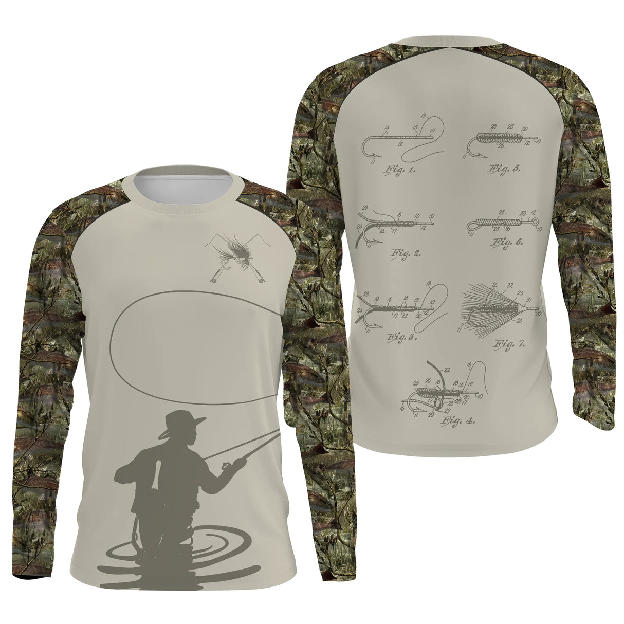 Hoodie pêche mouche manches camouflage croquis mouches schémas techniques vue dos