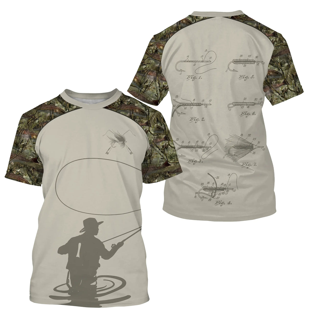 Polo pêche mouche unisexe camouflage forêt soies nymphe motif moucheur vue côté