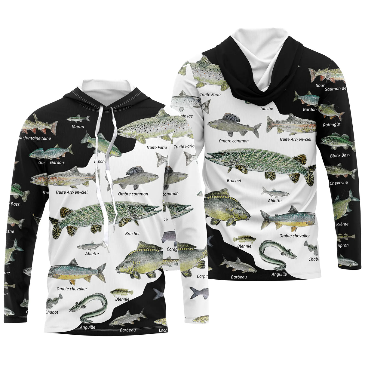 Hoodie pêche multipoissons noir blanc espèces légendées all-over manches contrastées vue avant