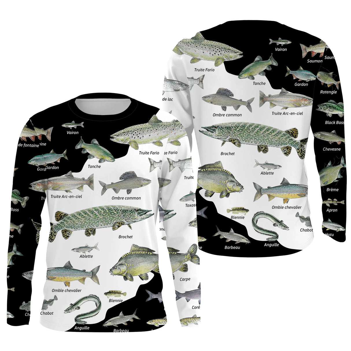 Sweat pêche all-over poissons noms scientifiques noir blanc motif éducatif vue dos
