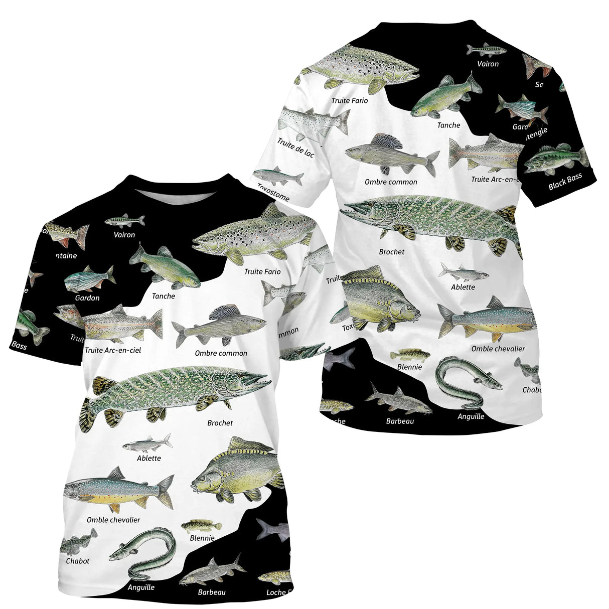 Polo pêche unisexe multipoissons noir blanc carpe brochet truite légendé vue côté