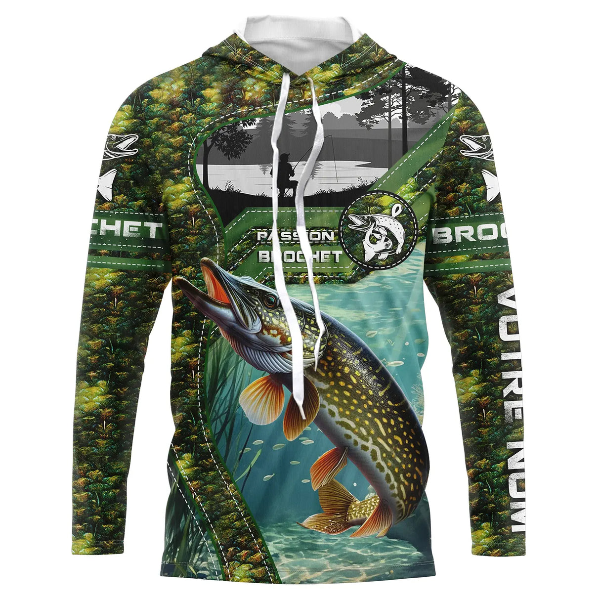 Sweat UV à capuche pêche brochet peau passion multicolore camouflage écailles prénom personnalisé, vue de face